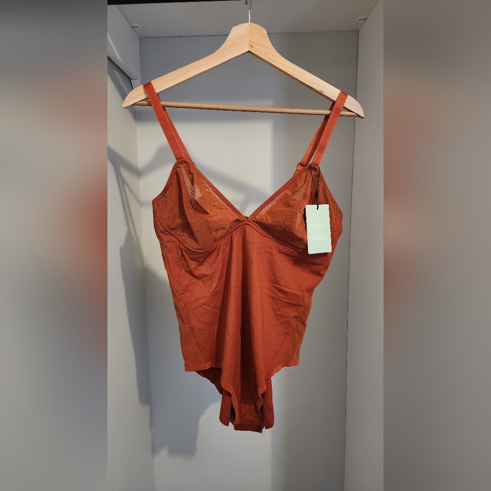 NWT knix X Ashley Graham Mesh Deep V Bodysuit in Ginger Cookie, Size XL